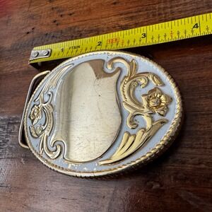 Vintage Western Belt Buckle Foral Gold Tone White Enamel Made in USA